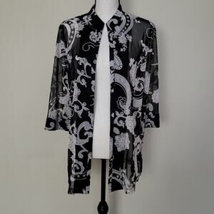 EUC Picadilly Fashions Kimono Sz S/P 3/4 Sleeve Sheer Side Slits Black Paisley